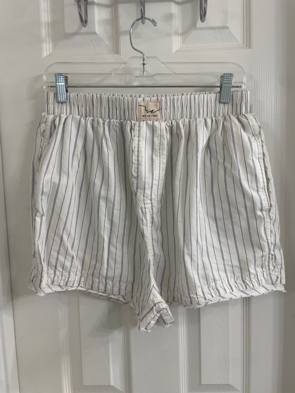 Free People We The Free Day to Day White Boxer Shorts with Thin Blue Stripes
